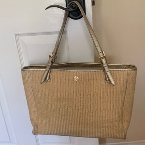 Tory Burch straw triple compartment tote